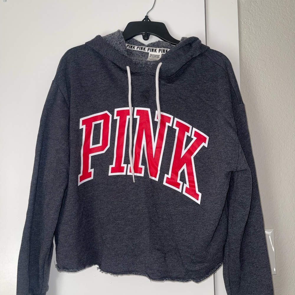 Victoria's Secret Gray Crop Hoodie with Red Logo